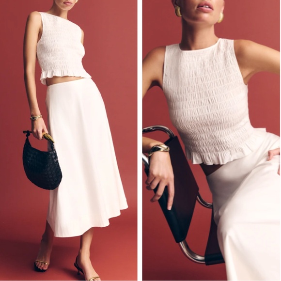 BEST Reformation Laguna Two Piece Set White Ivory Cotton French Midi Classic - Picture 3 of 15